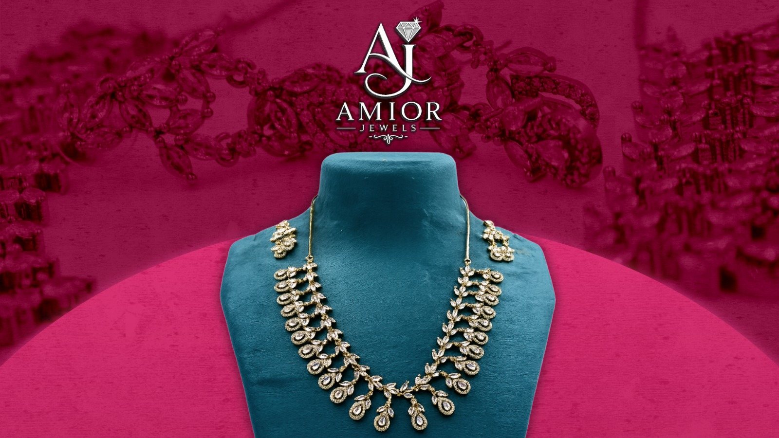 Amior Jewels — American-diamond necklace set displayed on a teal bust
